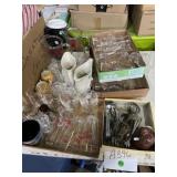 Vintage kitchen tools, glassware, stoneware and