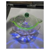 UV green glass dish and pink pedestal stand