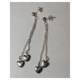 Silver dangle heart  earrings marked 925.