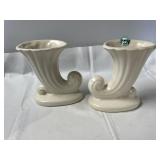 2 vintage Shawnee Pottery cornucopia vases
