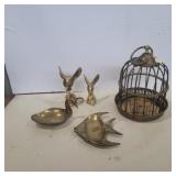 Brass bird cage, mice goose and fish ashtray