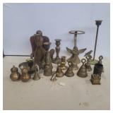 Brass candle holders, bells and more