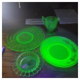 4 uv green depression plates, dish, and creamer