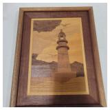 Wood inlay light house picture 12.5in x 9.5in