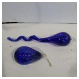 2 blue glass hanging ornaments
