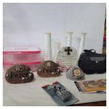 White glass vases, decorative rocks, plastic