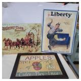 2 metal advertising and 1 framed paper