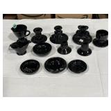 Black pressed glass ashtrays, candle holders,