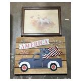Framed dog print and wooden patriotic sign