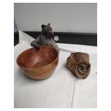 Group of two carved wooden figurines. Bear with