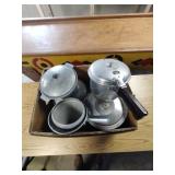 Box of assorted vintage aluminum pots and pans