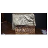 Elephant wooden box and gold bag