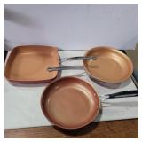 3 copper lined frying pans nuwave, red copper,