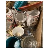 Variety of coffee, mugs, and Apple candy dish