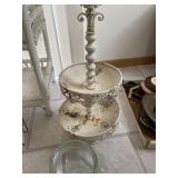 Two tier metal fruit basket, and glass canister