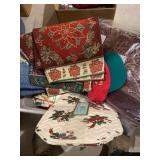 Tote, full of holiday placemats, table, runners,