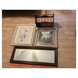 2 framed prints, nice mirror, & wooden magazine