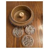 Wooden Rustic Flower Frog Bowl w/ 3 Glass Flower
