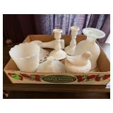 Assorted Milk Glass Bowls, Candlesticks & Vases