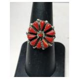 Silver zuni red coral cluster ring size 6.5.