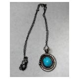 Silver Navajo turquoise pendant necklace marked