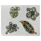 4 gold/ silver tone green rhinestone brooches