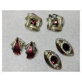Gold silver tone red rhinestone clip-on earrings