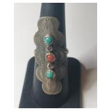 Silver Navajo turquoise, Coral ring size 6.