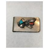 Silver money clip turquoise red coral.     .650oz