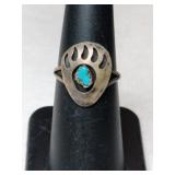 Silver Navajo turquoise bear claw  ring    size