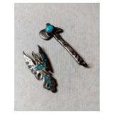 Silver Navajo turquoise hatchet and eagle pendant