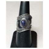 Silver cigar band  blue stone ring. Size 6.