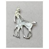 Art Deco 1920 silvertone lady walking dog brooch