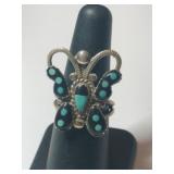 Silver Zuni black onyx turquoise butterfly ring