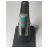 Silver turquoise / coral ring size 6.      .260oz