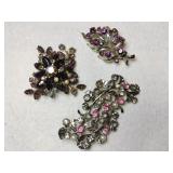 3 gold tone multicolor rhinestone brooches