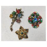 3 gold tone multicolor brooches