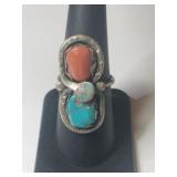 Silver Zuni turquoise/Coral ring.   Signed  Effie