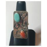 Silver Navajo turquoise coral ring marked TB size