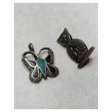 Silver Navajo turquoise butterfly and owl pendant