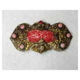 Art Nouveau gold tone filigree flower oval brooch