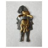 Silver tone pewter girl holding cat brooch Marked