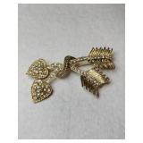 Gold tone Cupid arrow and hearts clear rhinestone