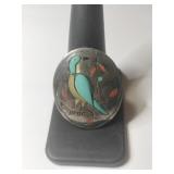 Silver Zuni style bird ring turquoise and coral.