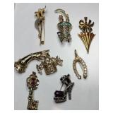 Gold tone rhinestone brooches flower, hand ,key