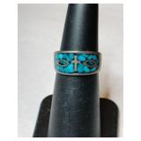 Silver native American turquoise chip band ring.