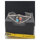 Navajo Turquoise, Coral  and Sterling Cuff