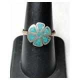 Silver turquoise chip Ring marked 925 and signed