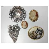 Cat, cameo, grape metal brooches