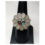 Silver zuni mother of pearl flower ring size 6.5.